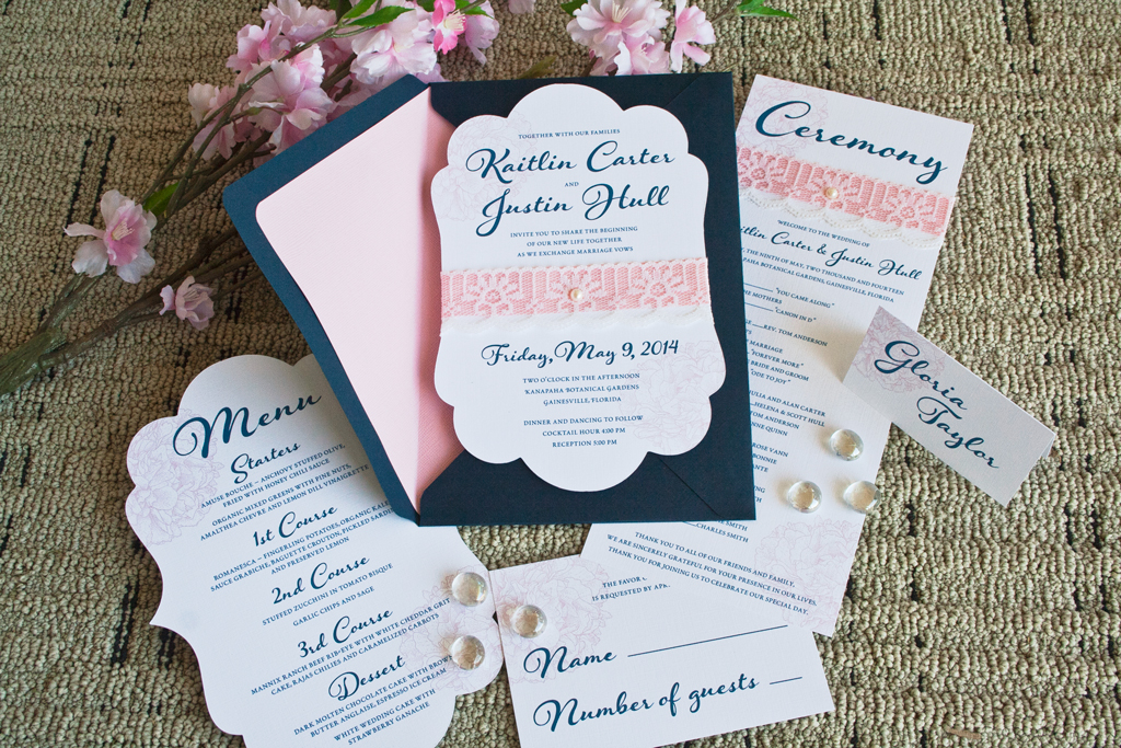Pink-Navy-Wedding-Invitation-Ribbon-Lace-Pearl-Menu-Program-Name-Card